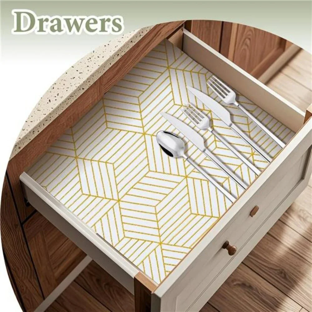 Gold Geometric Shelf Liner 12x20ft Non Slip Kitchen Cabinet Drawer Liner Durable